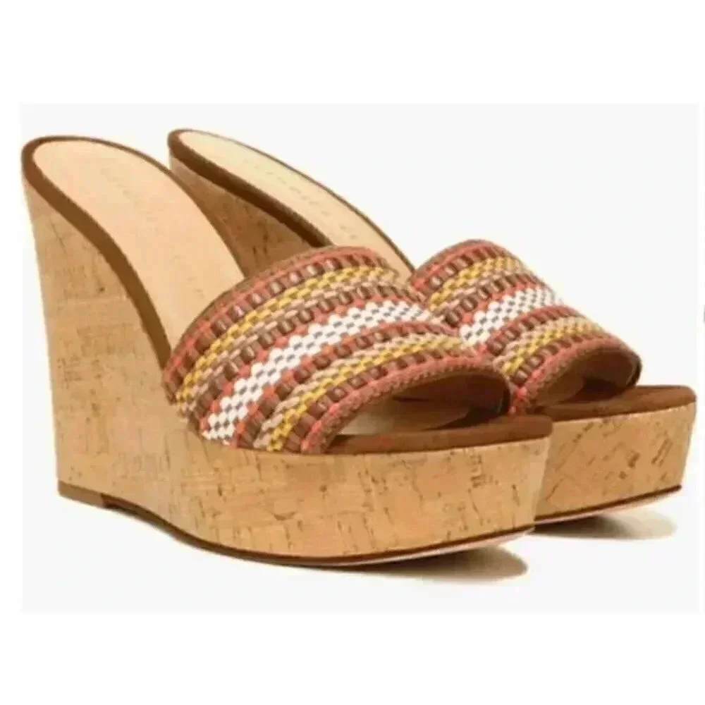New W/ Box Veronica Beard Dali Multi Woven Raffia Leather Cork Wedge Sandal 9